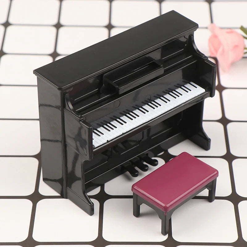 Black glossy wooden grand piano with white and black keys and matching red stool dollhouse miniature accessories simulation musical instrument