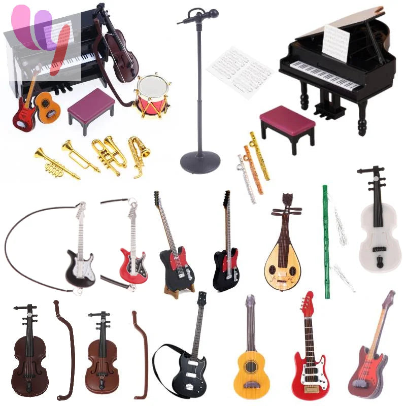 A dollhouse miniature furniture set featuring colorful miniature guitars violins piano and brass instruments for model living room decor