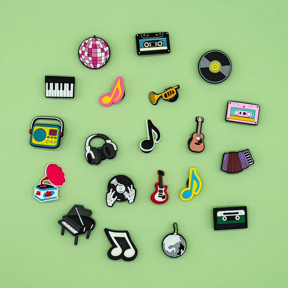 Colorful glossy vinyl 20pcs musical instruments shoe charms with cassette tape headphones musical notes for men women kids accessories decorations buckles