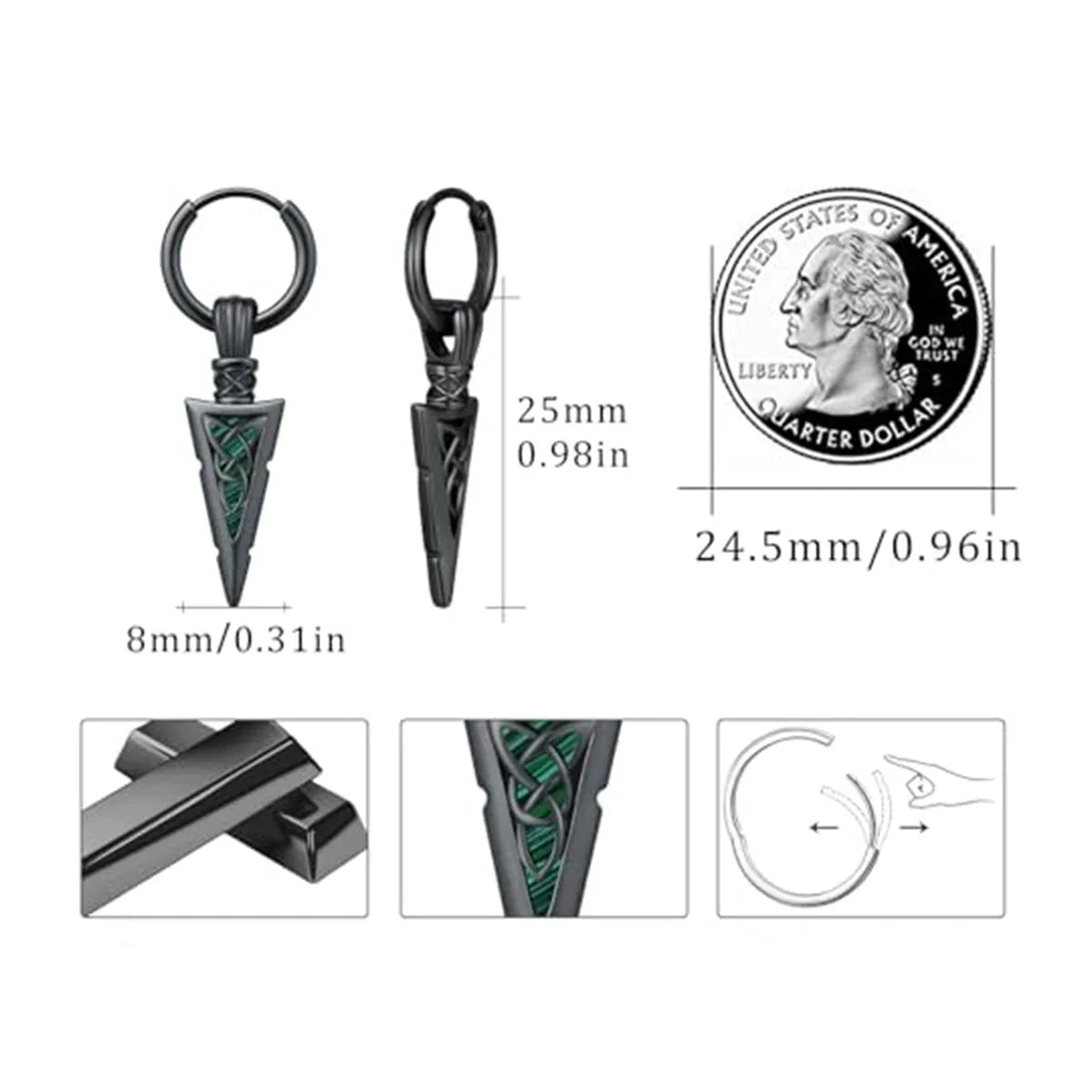 Black arrowhead-shaped men’s sword-shaped pendant earrings with green celtic knot inlay punk style hip-hop pendant earrings retro