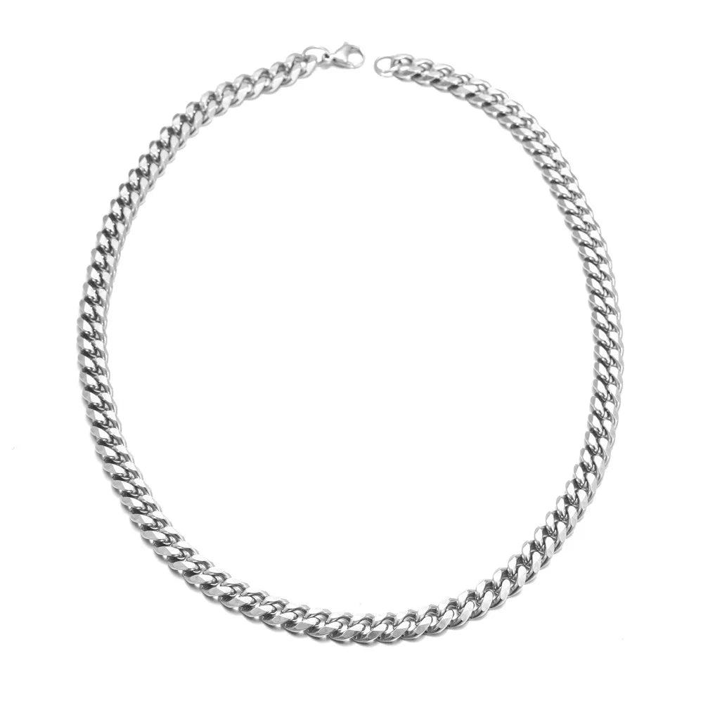 Silver-toned stainless steel overbearing cuban chain party necklace with polished interlocking links and secure clasp