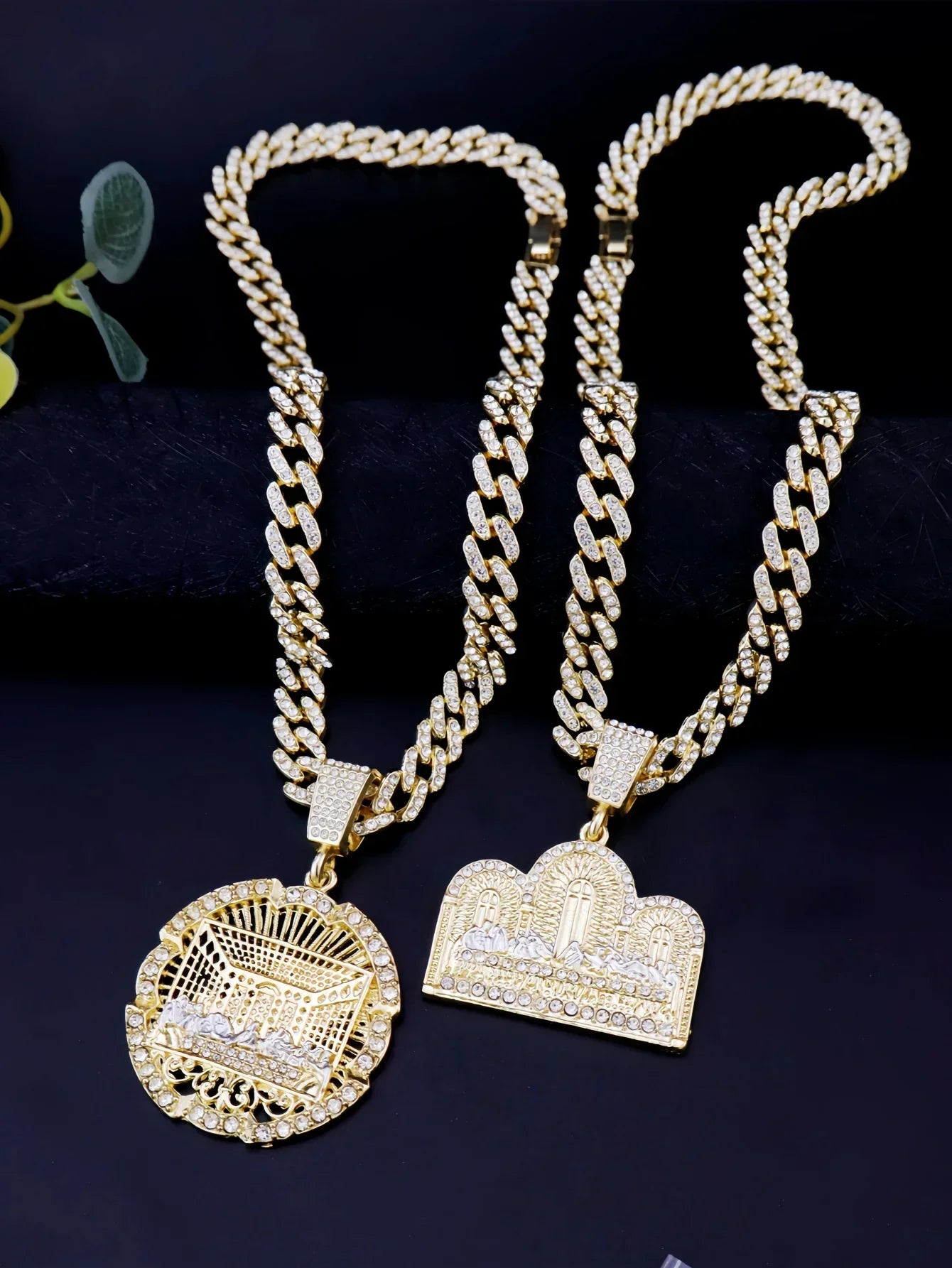 Gold-colored 14k gold plated hip hop punk style round medallion necklace with diamond-encrusted last supper pendant and cross charm