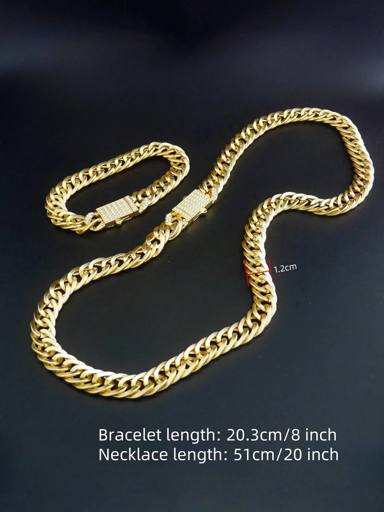 Gold plated cuban chain hip hop punk style 14k gold plated chunky bracelet and necklace set with diamond clasps