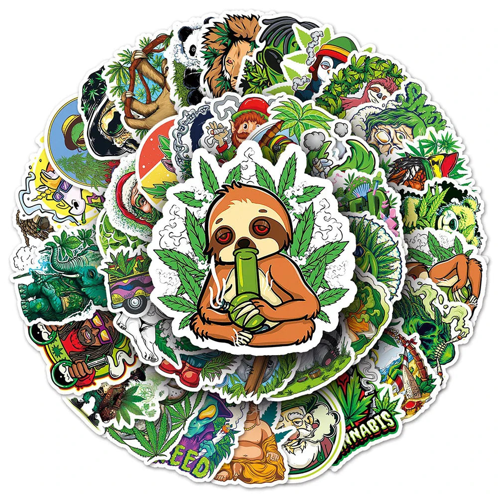 A vibrant 100pcs funny hemp waterproof suitcase luggage sticker set featuring smoking cartoon graffiti designs including a sloth