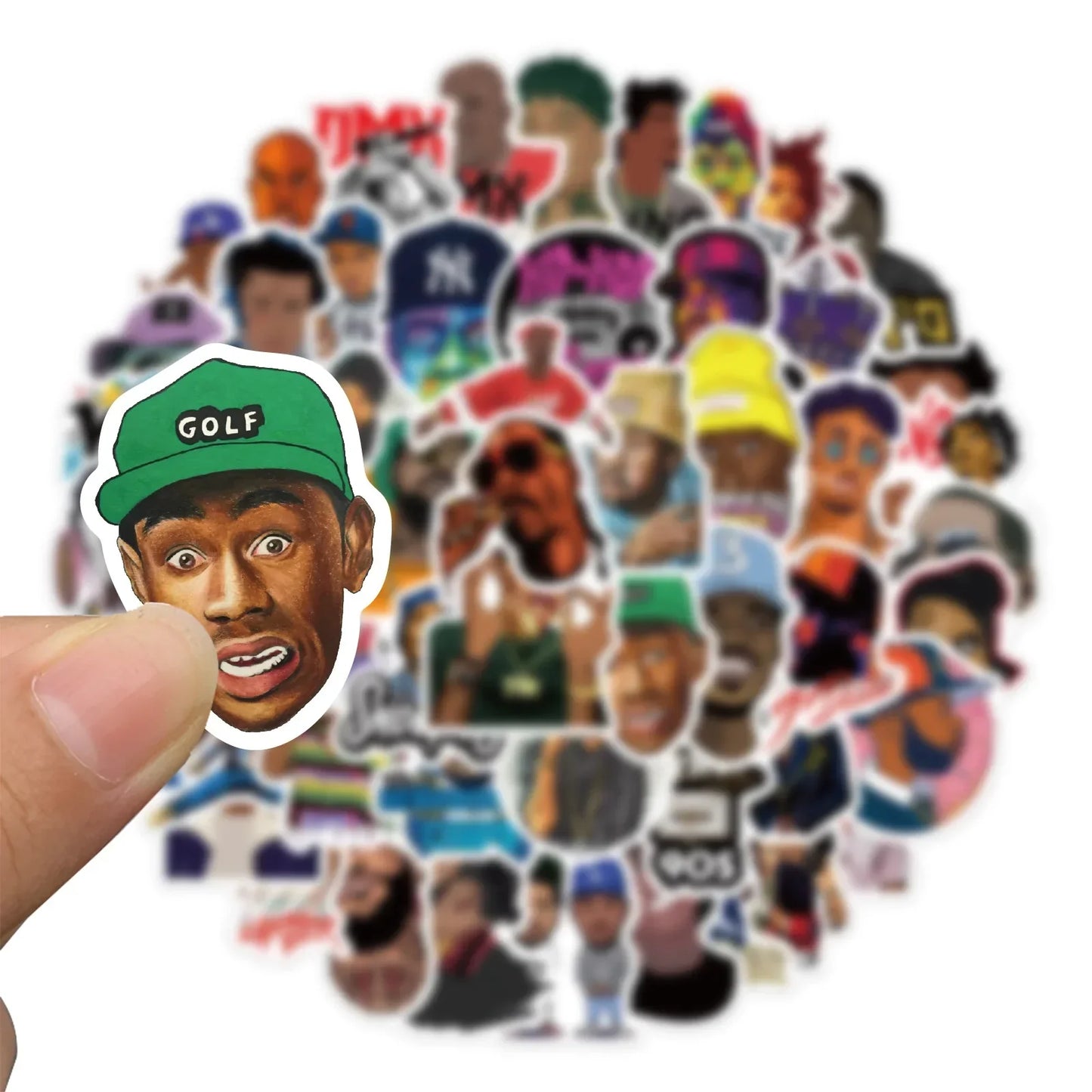 Green cap with golf logo sticker featuring hop singer cartoon from 64pcs mix rapper set for fridge phone laptop decor