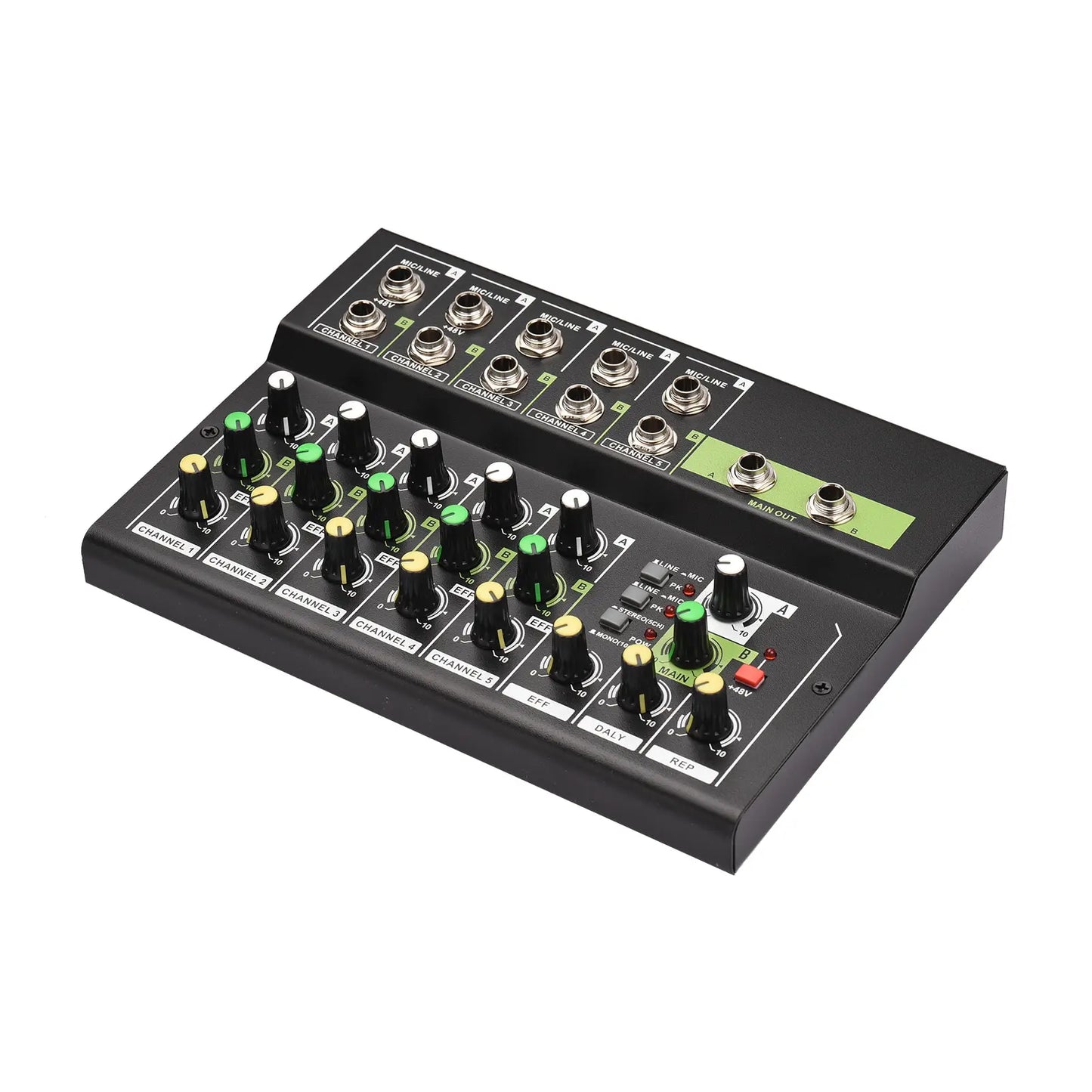 Black 10-channel mixing console digital audio mixer with knobs and labeled inputs featuring 48v phantom power