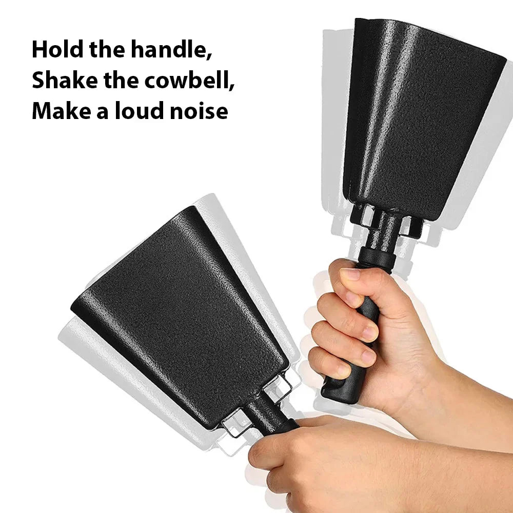 Black 10 inch cowbell noise maker percussion musical instrument with textured iron surface and ergonomic handle for sports games