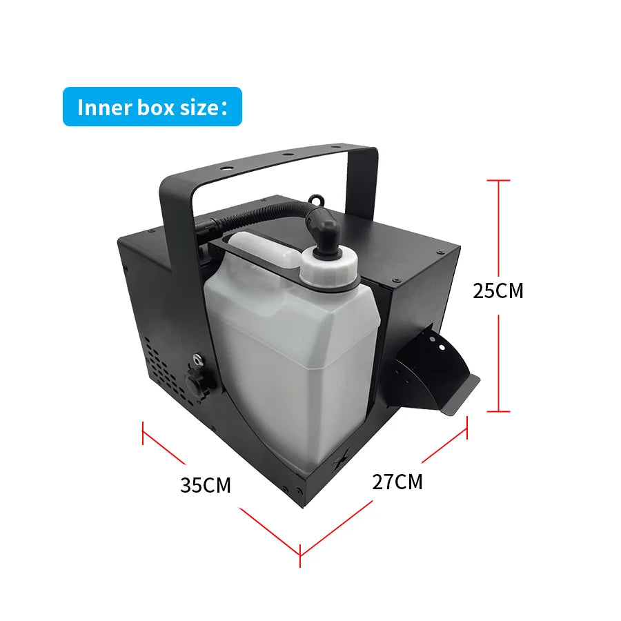 Black metal-framed 1000w smoke machine with translucent white reservoir and dmx control for dj and party use