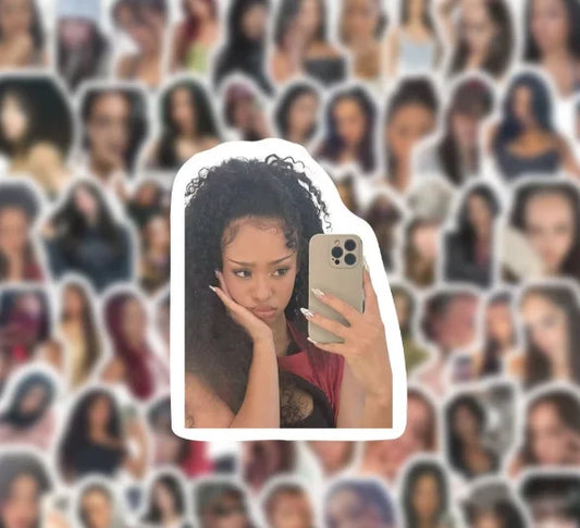 A white-bordered pvc sticker of a woman with curly hair holding a smartphone from 100pcs set kpop katseye stickers megan fans gift
