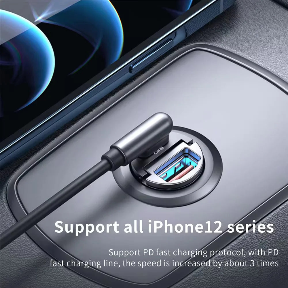 Black usb-c to lightning mini car charger with metallic finish and blue wiring for samsung huawei iphone fast charging