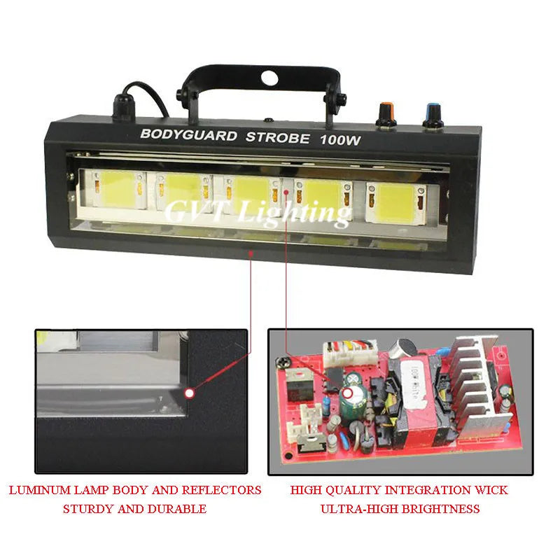 Black 100w led strobe light with six yellow leds and red circuit board featuring sound and speed auto control