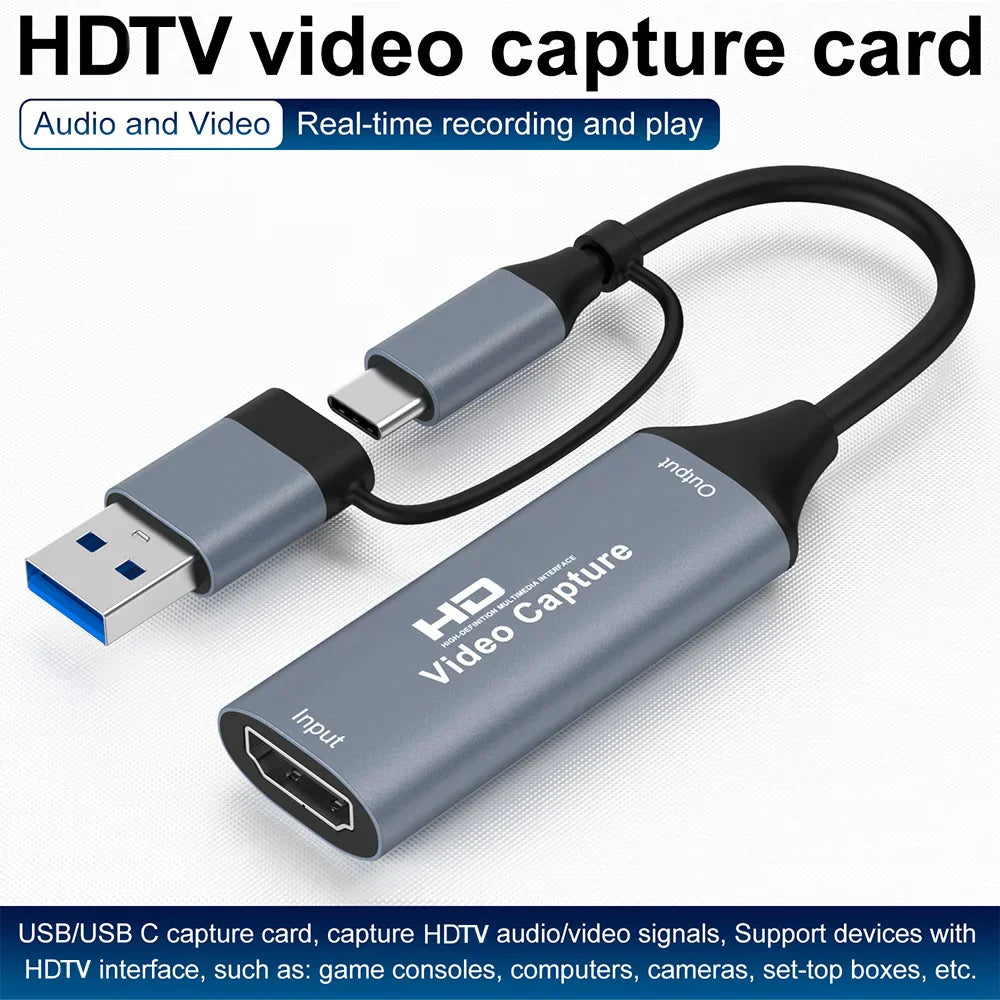 Gray usb-to-hdmi 1080p capture card with black connectors and coiled cable for capture video audio and obs studio potplayer