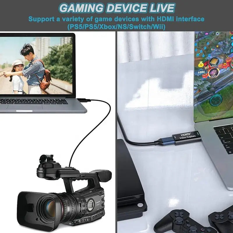Black 1080p hdmi usb capture adapter with hdmi video capture printed for gaming and conferencing on mac and pc