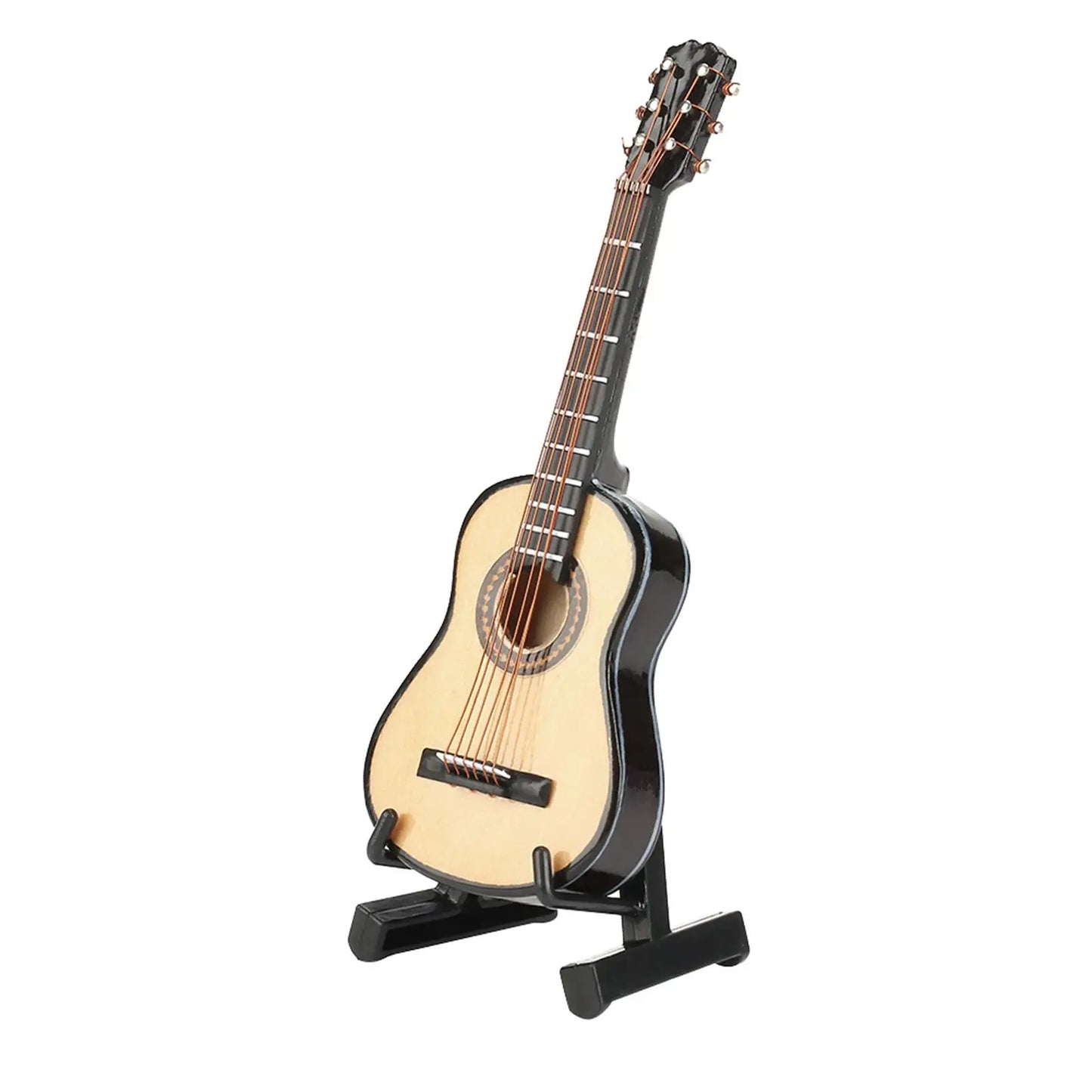 Miniature wooden guitar model with light wood body and black glossy finish on matching stand for desktop decoration