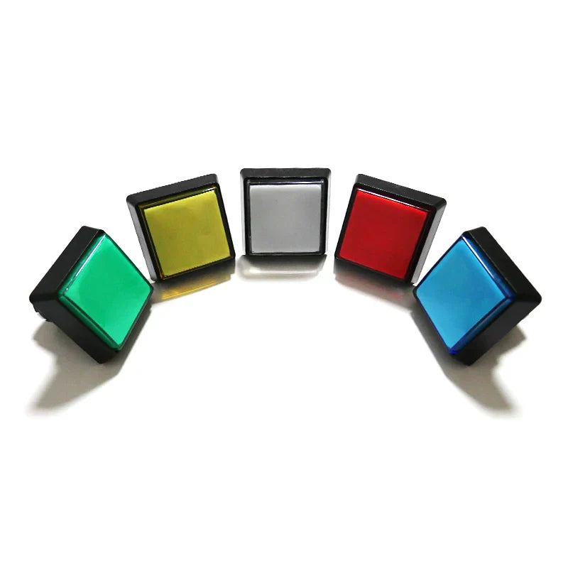 Five square lighted buttons with black frames and translucent green yellow silver red and blue tops for arcade music game use