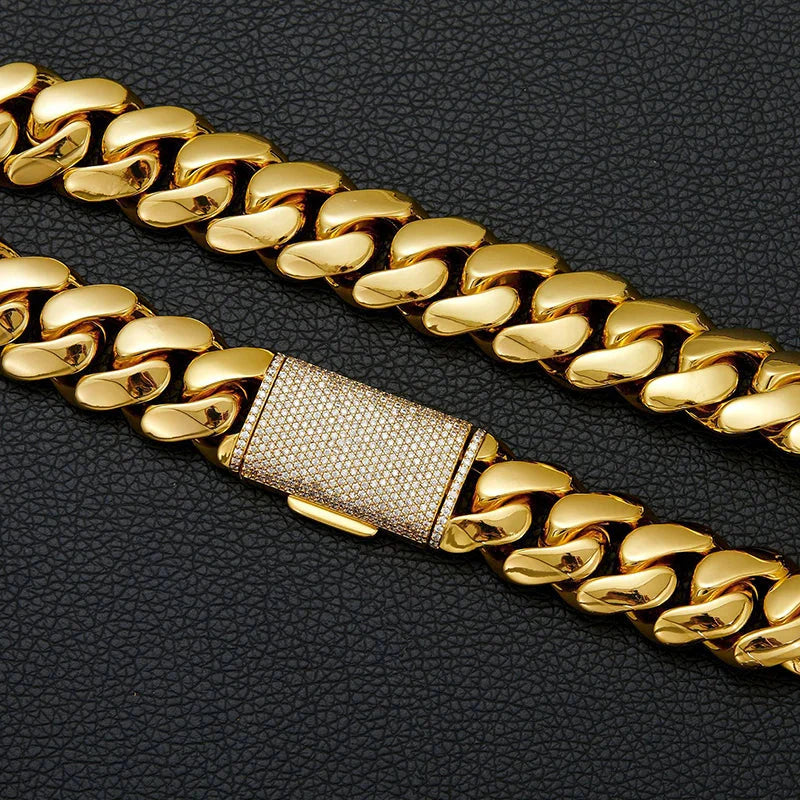 Gold-colored 22mm big heavy stainless steel cuban link chain with diamond-encrusted clasp hip hop bling necklace