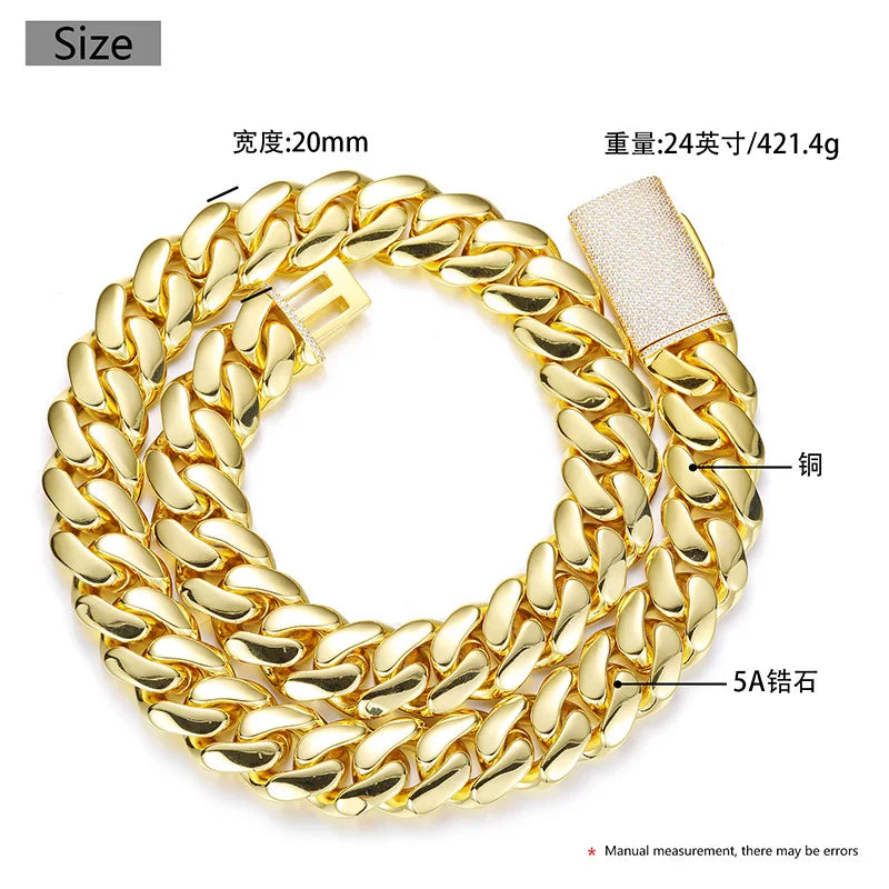 Gold-colored thick wide hip hop round cuban miami link chain bracelet with textured silver clasp and 5a diamonds men rapper jewelry