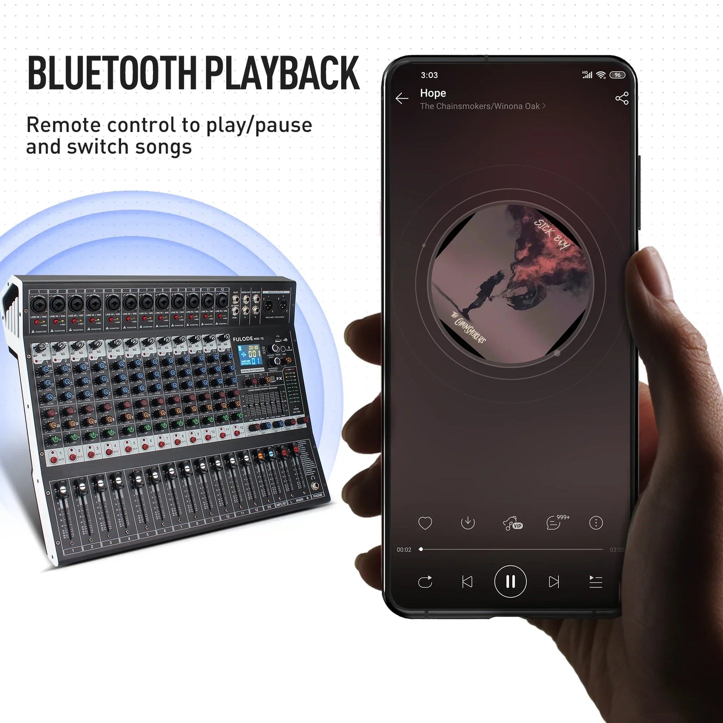 Black and silver falode 12-channel professional audio mixing sound board with 99-bit dsp usb mp3 and recording xlr mic jack