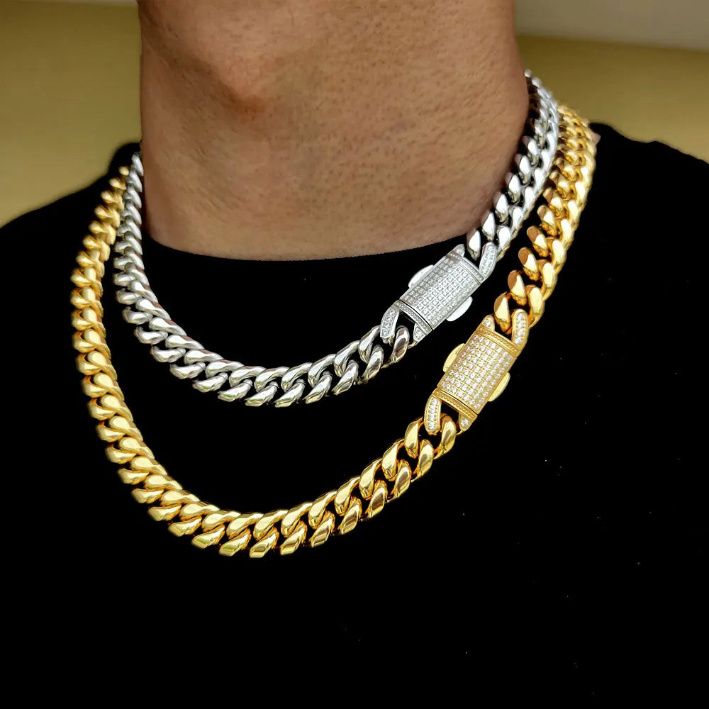 Two layered 12mm hip hop stainless steel cuban link chain necklaces in gold and silver with diamond-encrusted clasps