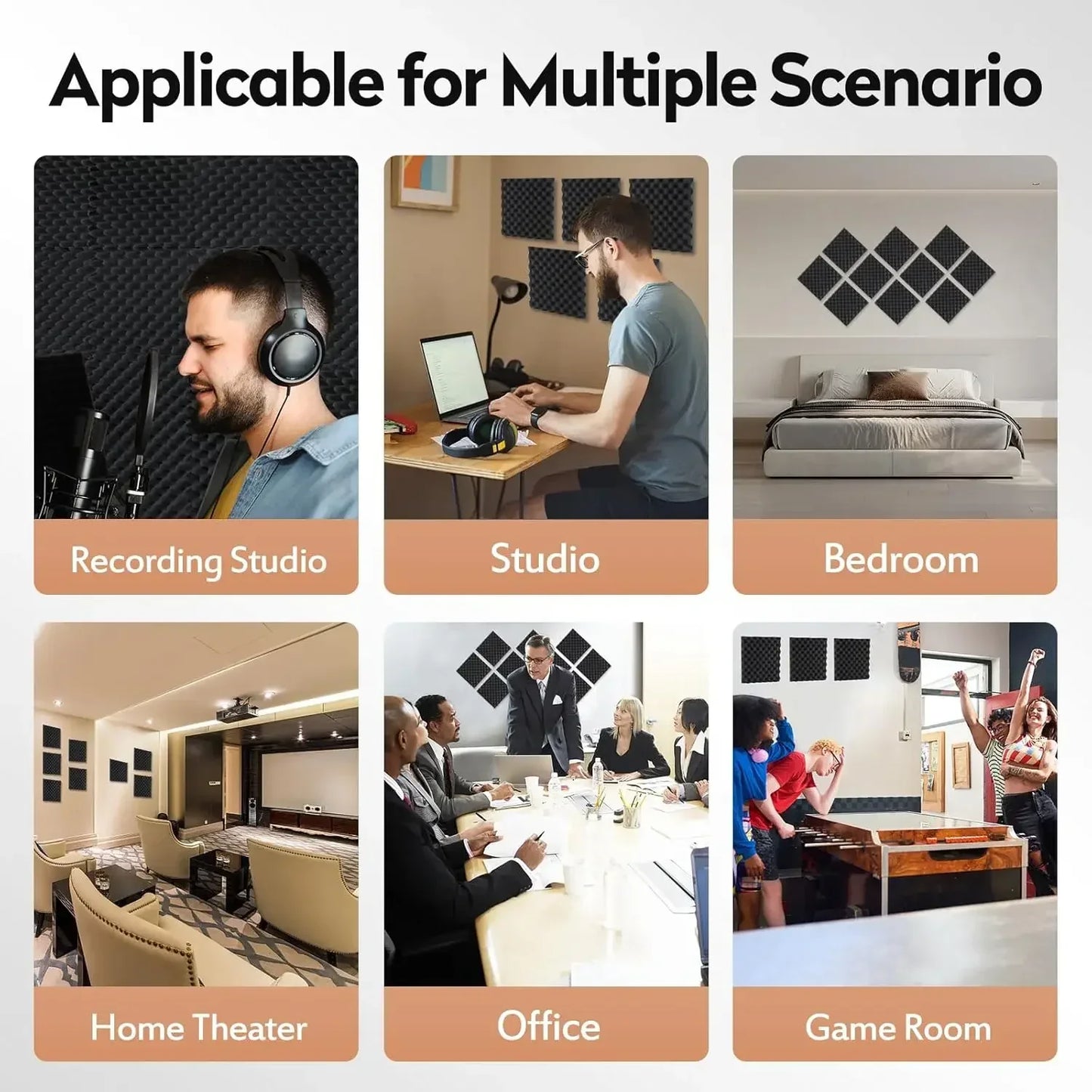 Black diamond-patterned soundproof wall panels made of acoustic foam tiles for home studio bedroom noise reduction