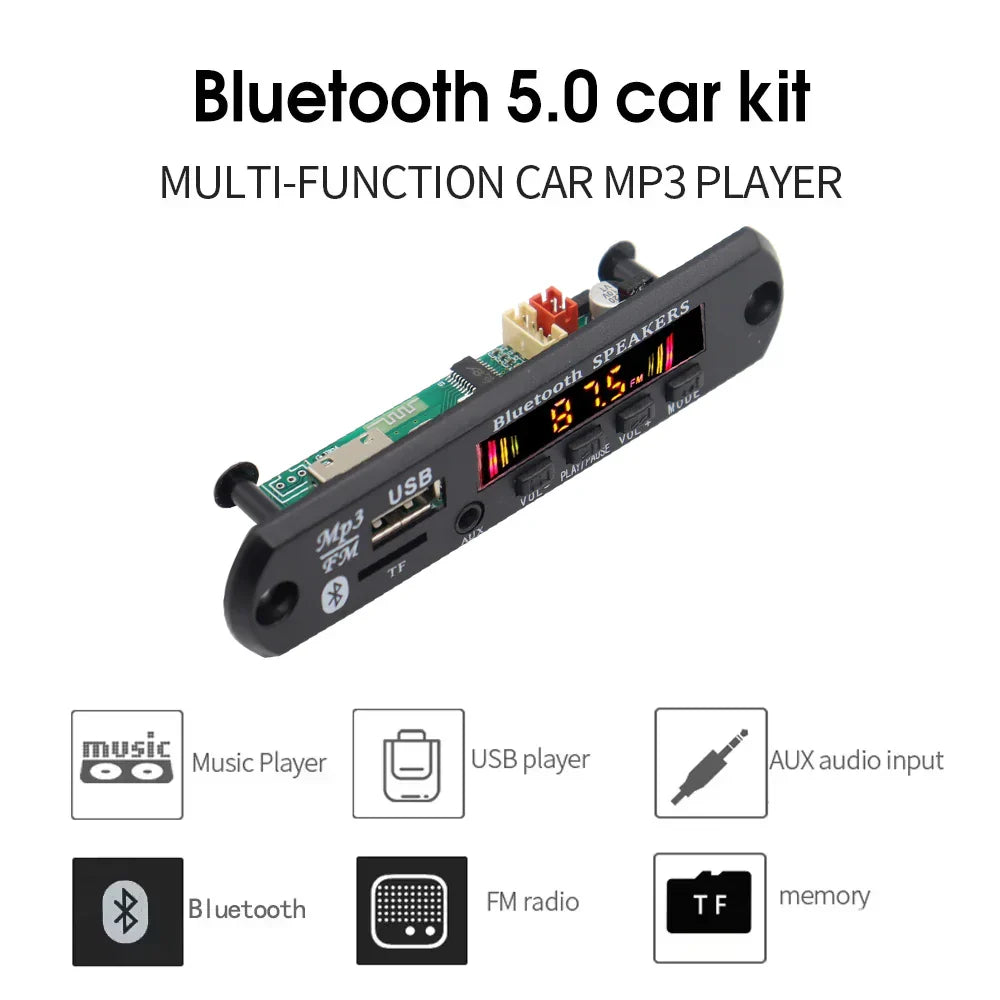 Black plastic 12v bluetooth 5.0 mp3 player decoder board with digital display and radio aux module for wireless mp3 music