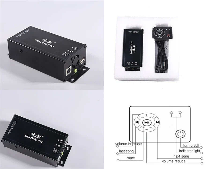 Black rectangular goldmotto 12v high power amplifier mp3 player bluetooth car audio receiver with mounting bracket and control panel