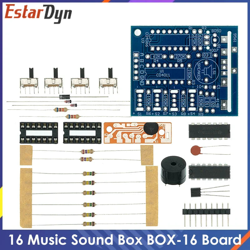 Blue music sound box electronic module diy board with integrated circuits resistors capacitors for soldering practice learning