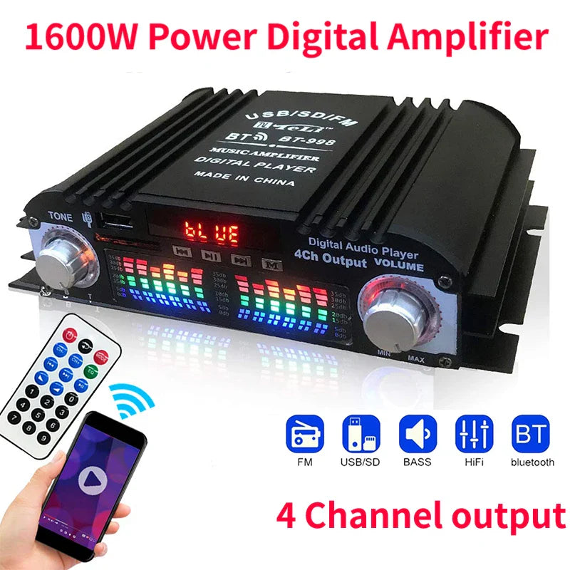 Black 1600w digital 4 channel audio amplifier with silver knobs colorful led display usb sd fm bluetooth input voltage and output power support for ohm speakers