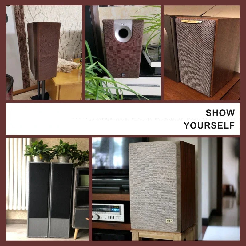 Brown wooden-finish floor-standing speakers with textured fabric grilles and silver accents covered by 160x200cm speaker mesh cloth dustproof cover