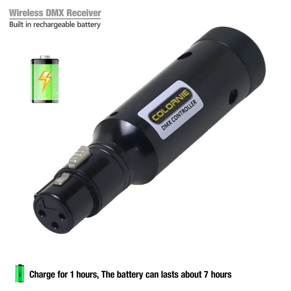 Black cylindrical wireless dmx512 receiver with built-in battery and xlr connector for moving head lights by colornie