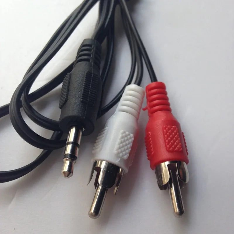 Black 1m 3.3ft stereo audio car cable splitter with 3.5mm aux male jack and red white rca connectors with textured grips