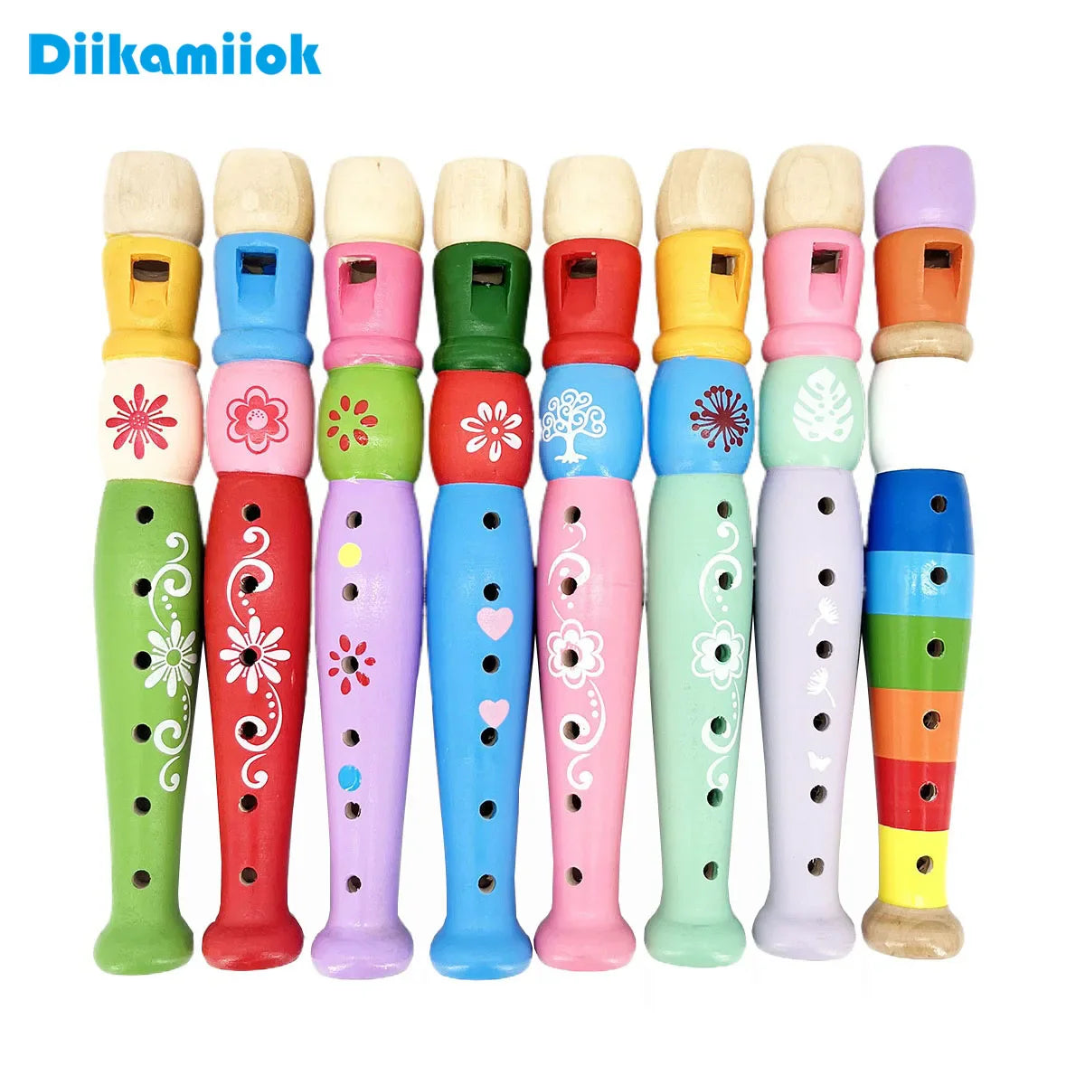 A set of colorful wooden flute trumpet buglet hooter toys with floral and heart designs for kids educational learning