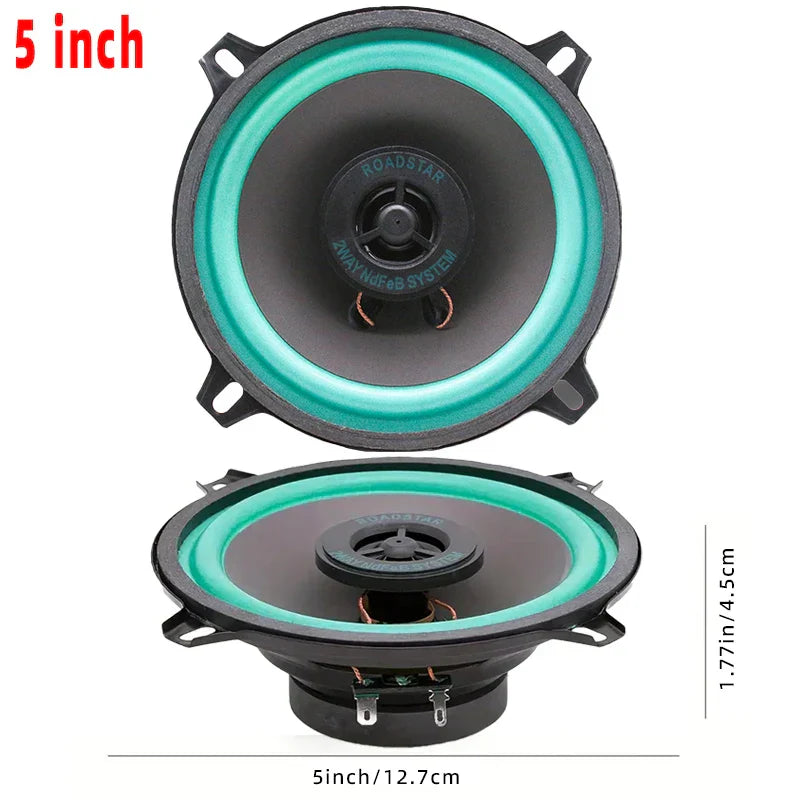 5 inch roadstar coaxial subwoofer universal car speaker with black frame and vibrant teal cone for automotive audio hifi range frequency car