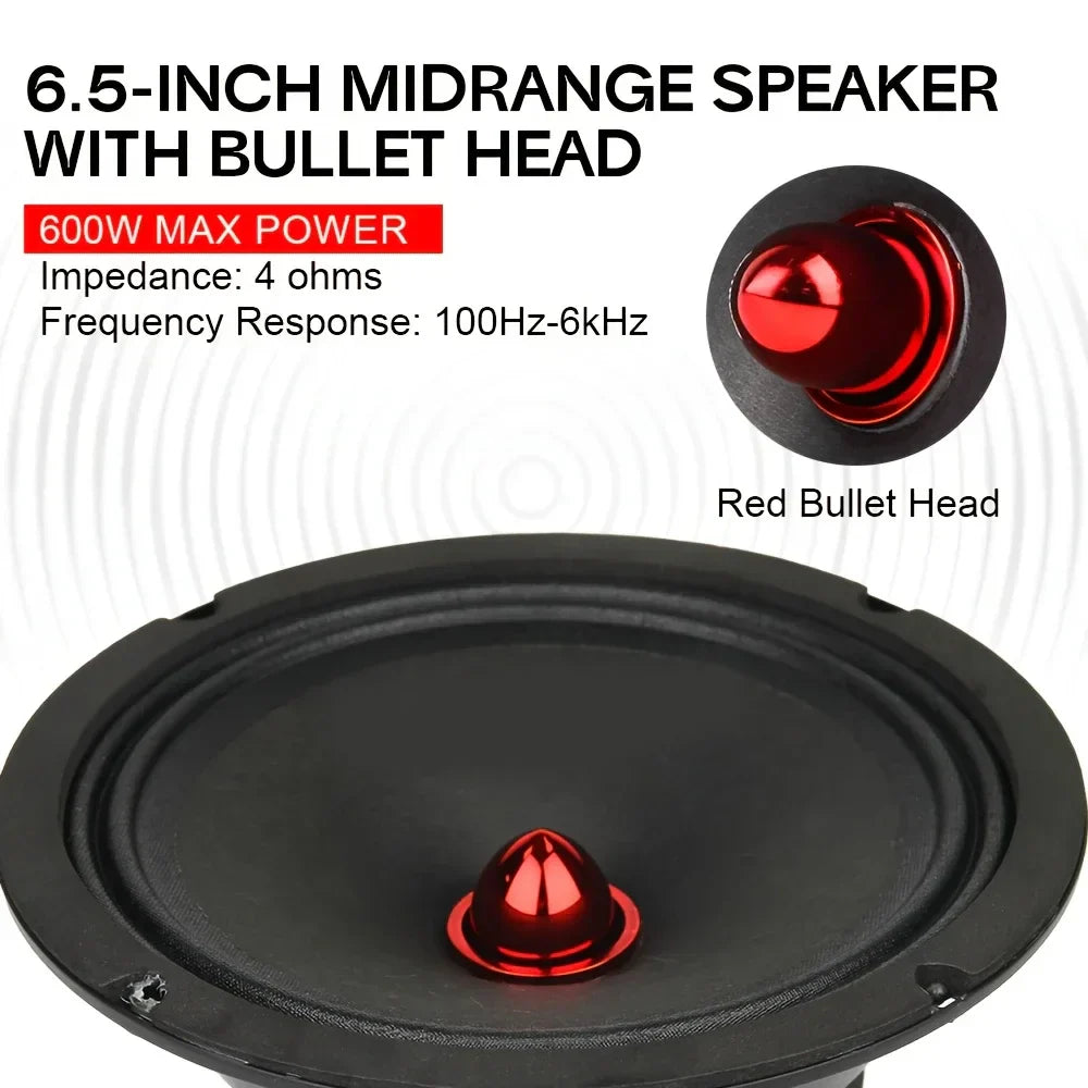 6.5-inch midrange car speaker with glossy red bullet head and black cone for vehicle door speaker and car audio modification