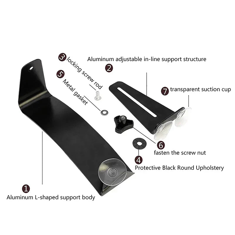 Black aluminum l-shaped acoustic guitar footrest with transparent suction cups and locking screw for classical guitar backrest frame