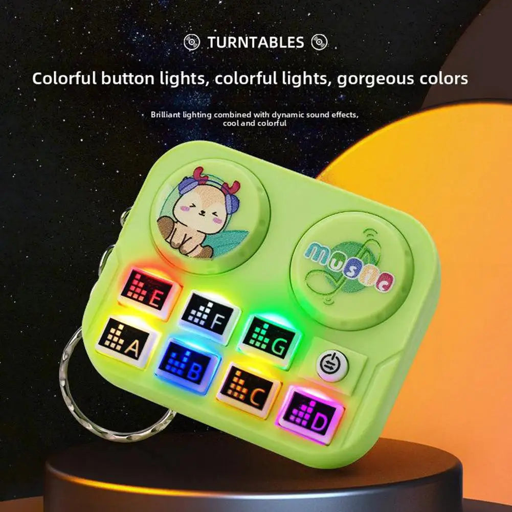 Lime green plastic music dj disc player keychain with colorful sound buttons and cartoon character educational toy bag pendant