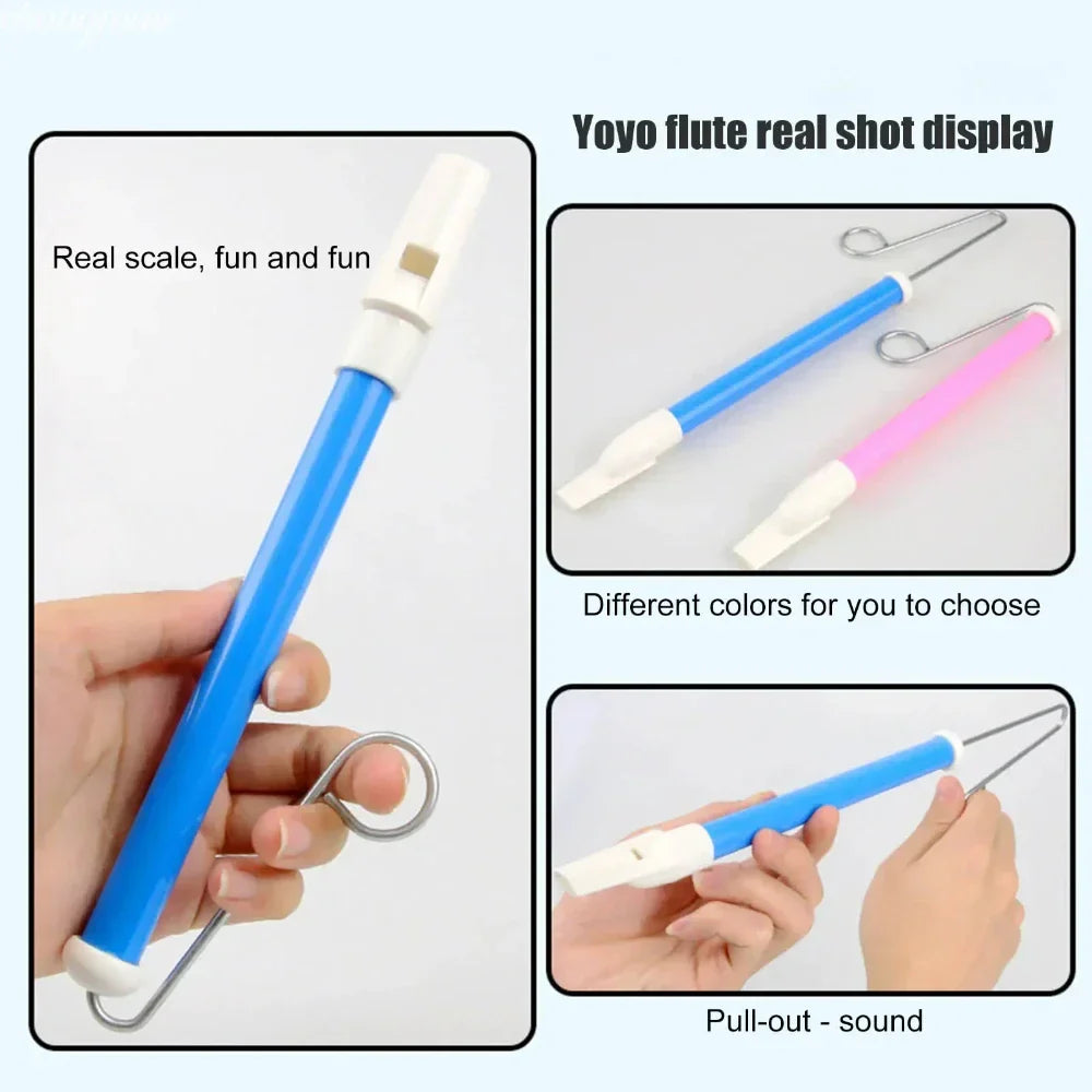 Blue plastic sliding whistle toy with white mouthpiece and metal ring attachment for children as a blowing flute toy