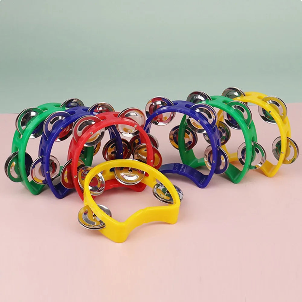 Colorful plastic percussion tambourine for adults hand tambourine with shiny metallic jingles for musical rhythm instrument