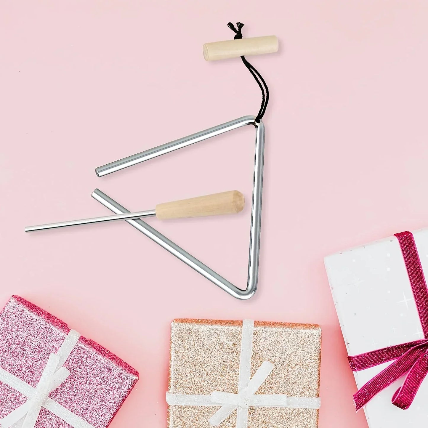Silver triangle percussion musical tool with wooden handles and hanging loop 1pc professional instrument set fun