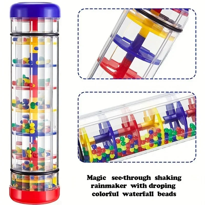 A transparent rainmaker musical toy with a purple top and red base filled with colorful beads for sensory toy educational use