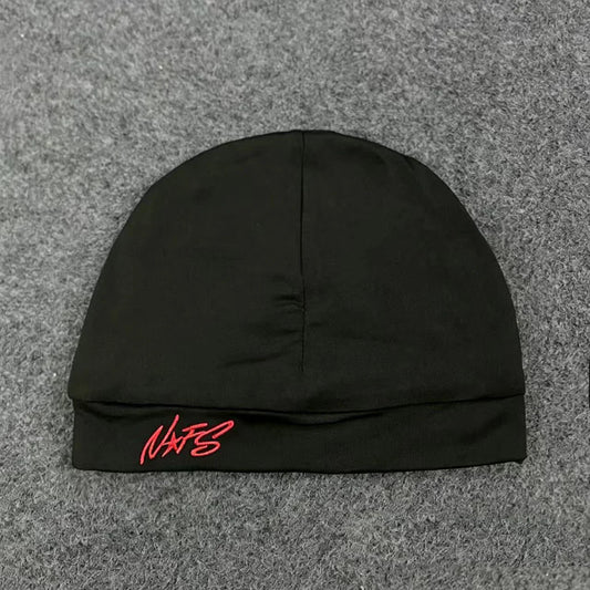 Black knit pullover hat trendy with red letter embroidery pullover nats logo on folded brim for casual streetwear