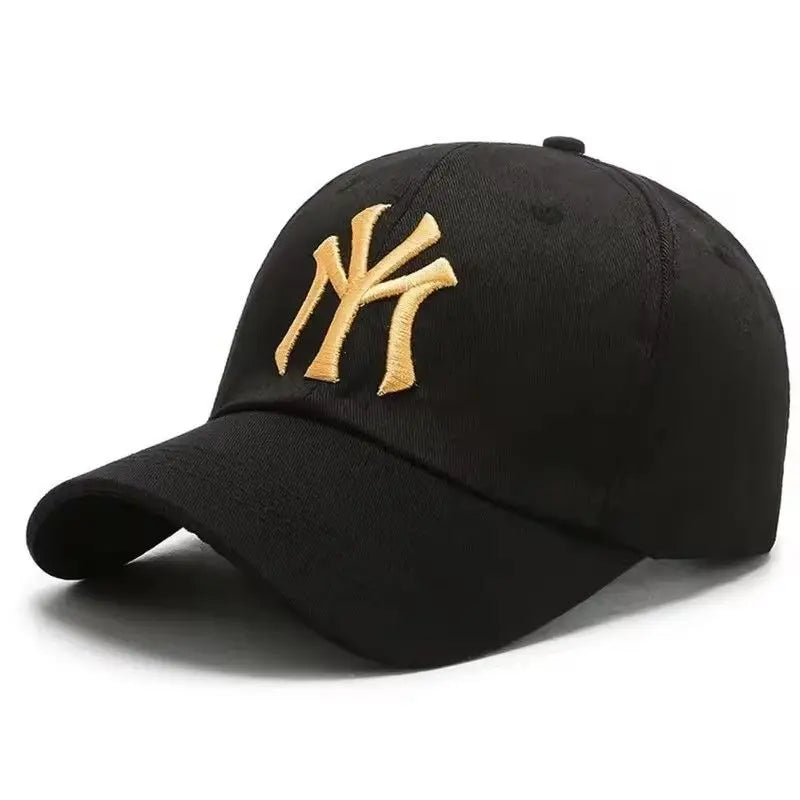 Black unisex casual baseball cap with gold ny letter embroidery outdoor adjustable trucker hat for spring autumn