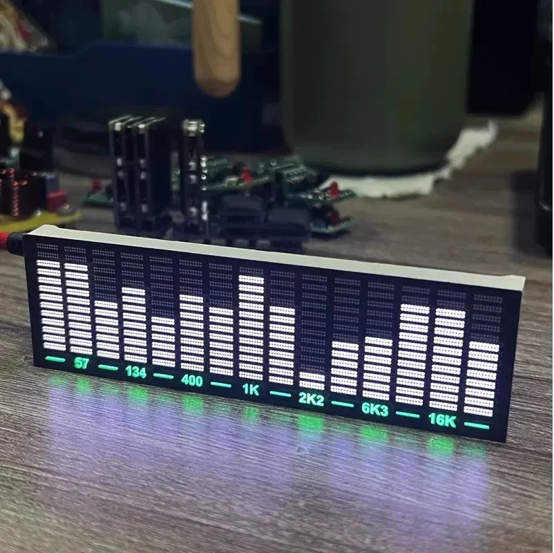 Black rectangular led audio level meter with white bars and green frequency labels for controlled music spectrum display pickup rhythm light module