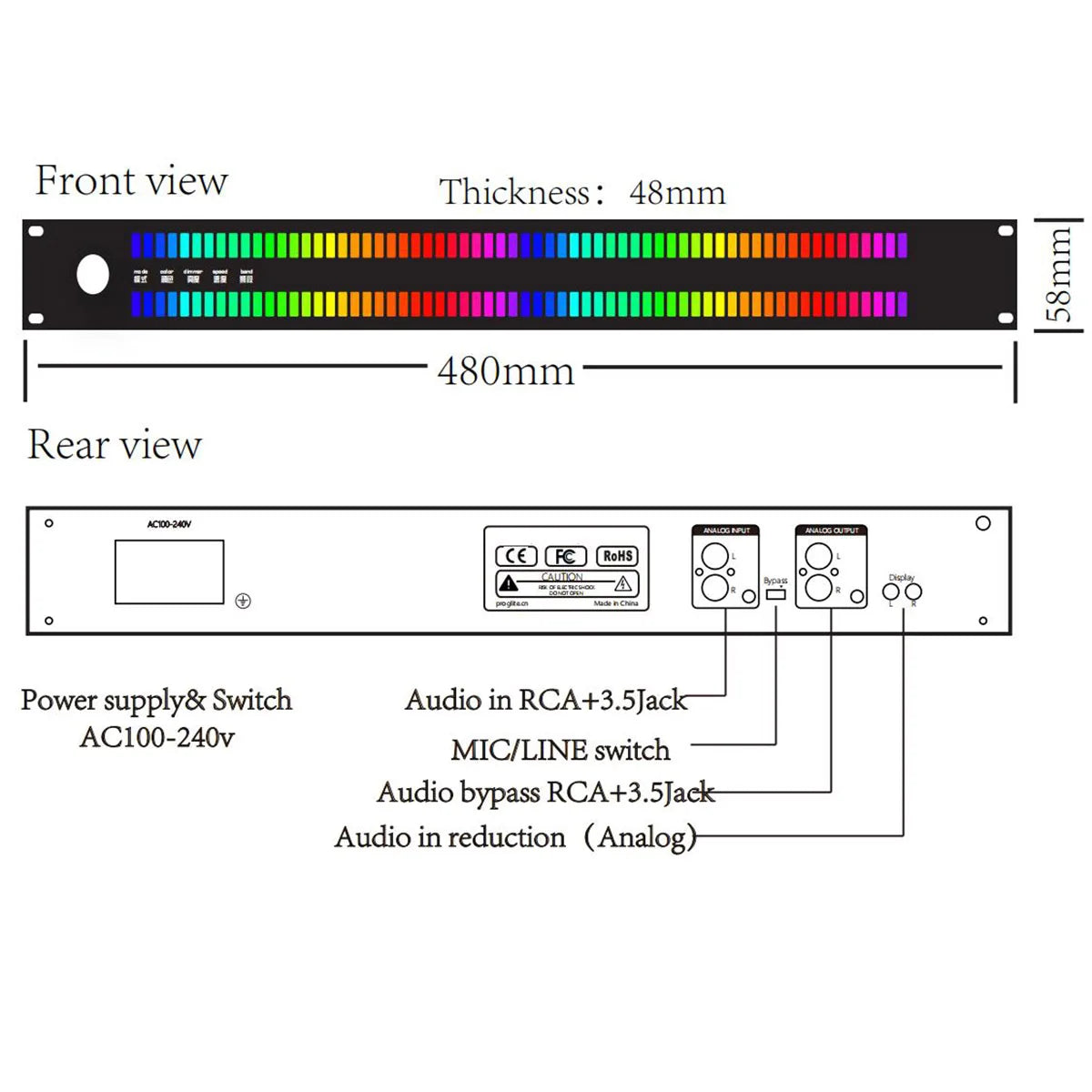 Black 480mm rgb audio mixer with color led music display and multiple jacks featuring music level indicator and spectrum digital