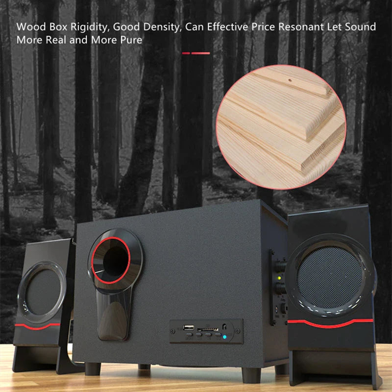 Black subwoofer with red accents and matching satellite speakers in wooden box for theater surround computer speaker aux usb use