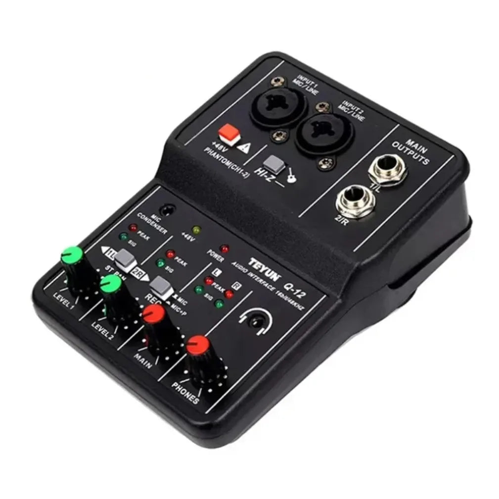 Black teyun q12 professional audio interface with green and red knobs xlr inputs and 3.5mm outputs for guitar recording studio singing and mini usb mixer use