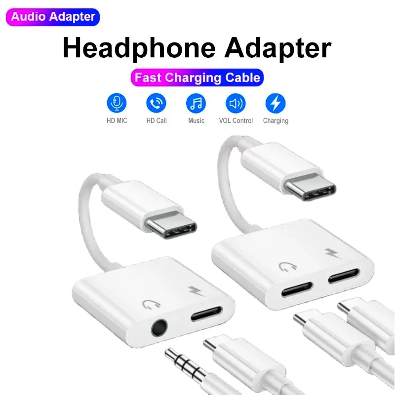 White plastic 2-in-1 audio adapter usb c to 3 5 mm jack with charging port and controls for huawei wired headphones
