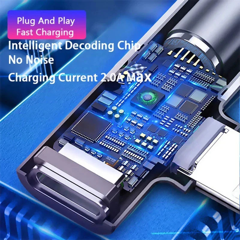 Black usb-c charging dual adapter splitter with blue circuit board and intelligent chip for earphone aux cable use
