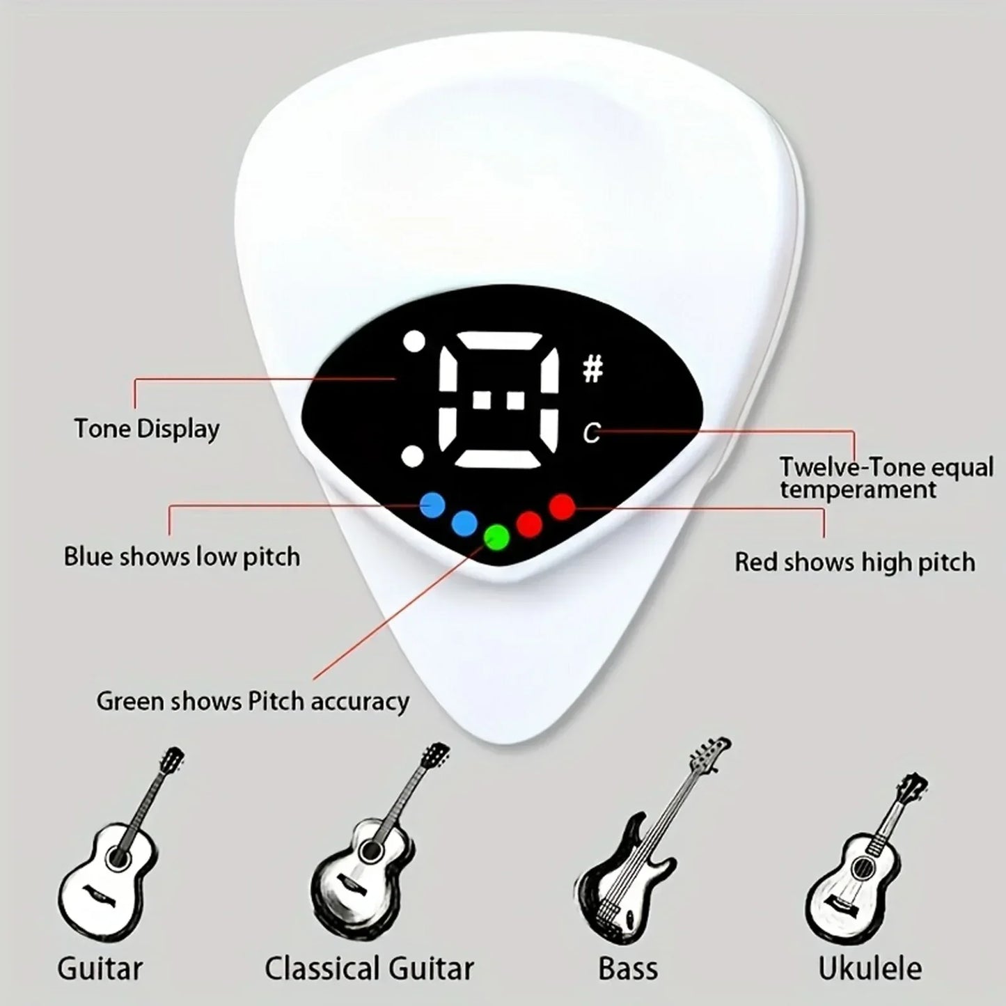 White plastic 2-in-1 guitar pick with black digital display and colored leds for multi-purpose pitch calibrator use