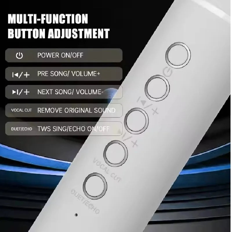 White cylindrical karaoke wireless microphone remote control with five buttons for bluetooth speakers portable phone car support